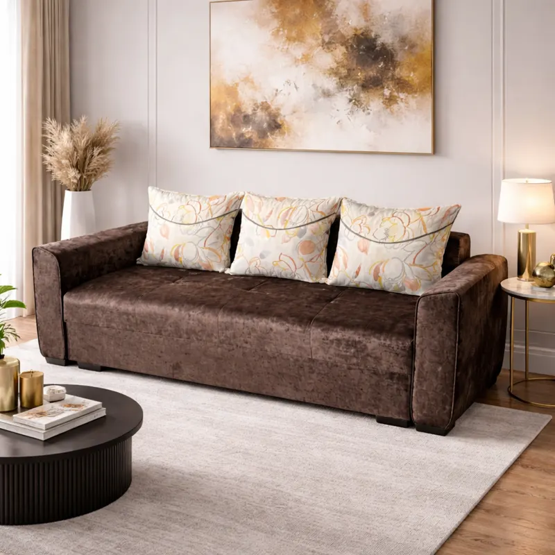Canapea LILI extensibila, 3 locuri, cu lada de depozitare, stofa plusata, 220x95x80 Maro, Stofa plusata