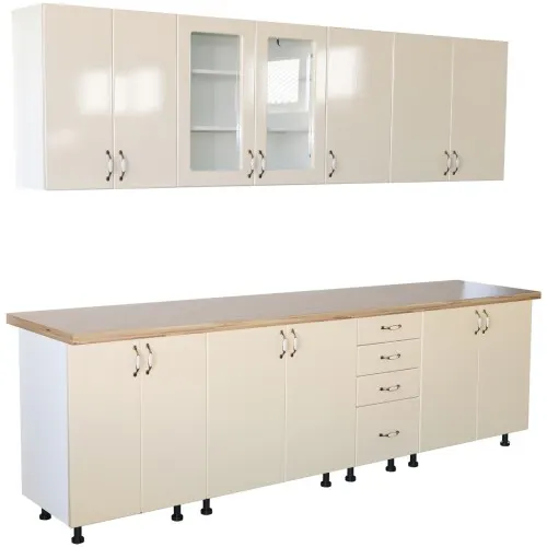 Bucatarie Zebra 260 cm din MDF Vanilie cu blat termoizolant artar