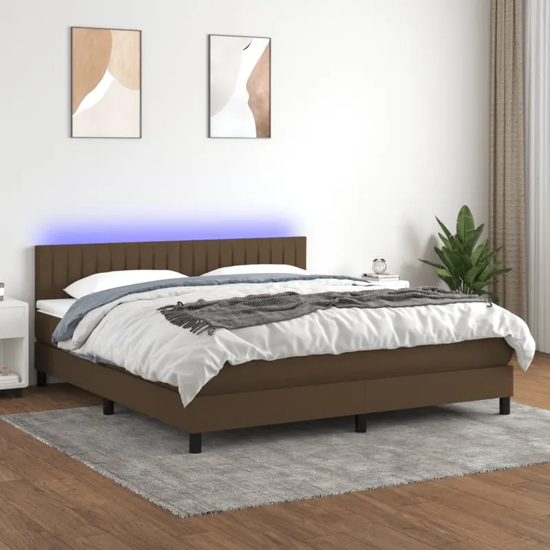 pat cu arcuri, saltea si led, maro inchis, 160x200 cm, textil