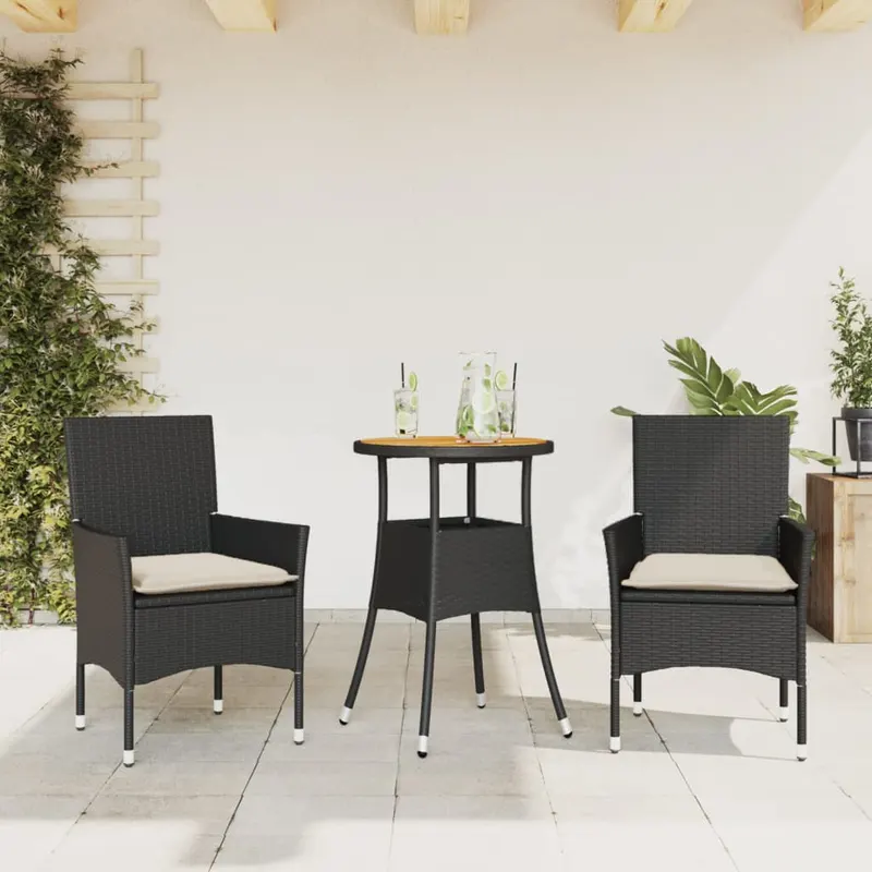 set mobilier gradina perne 3 piese negru poliratan/lemn acacia