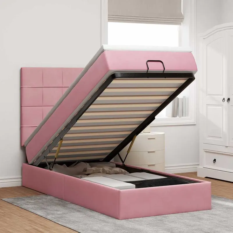 cadru de pat otoman cu saltele, catifea roz 90x200cm