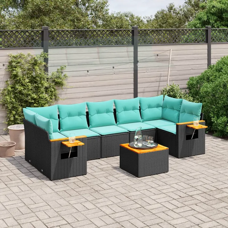 set canapele de gradina cu perne, 8 piese, negru, poliratan