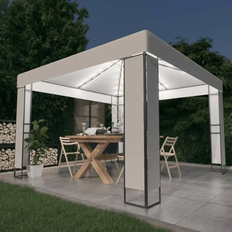 pavilion cu acoperis dublu & siruri de lumini led, alb, 3x3 m