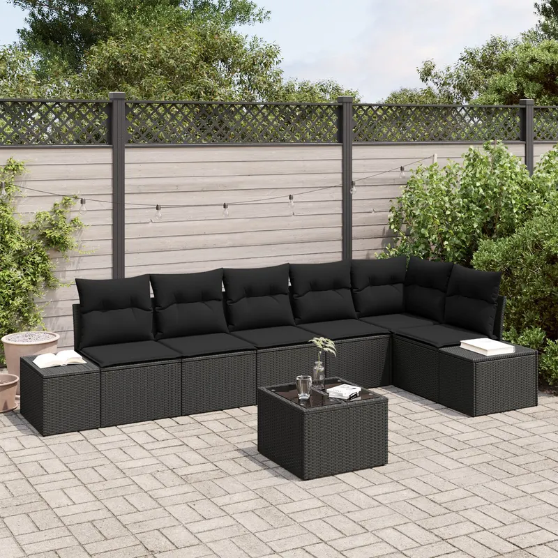 set de canapea de gradina cu 7 piese si perne bej din poliratan
