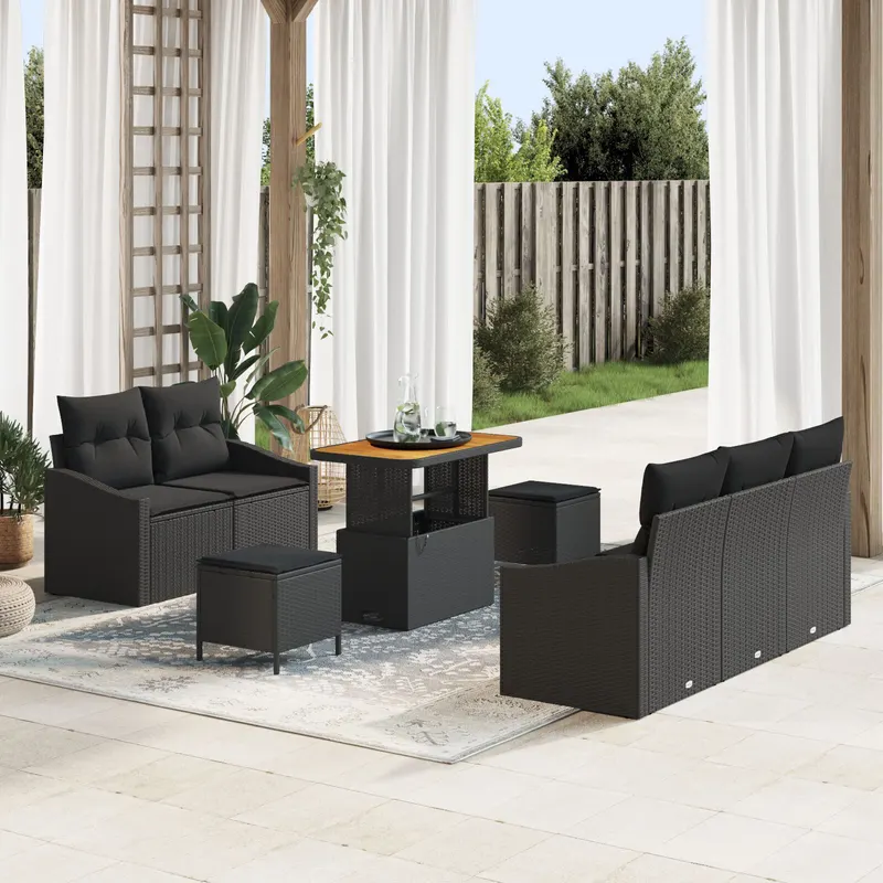 Set de canapea de gradina 8 piese cu perne negru poliratan acacia, canapea de gradina 2 locuri cu perne negru poliratan, set de dining de gradina 3 piese cu perne negru poliratan acacia
