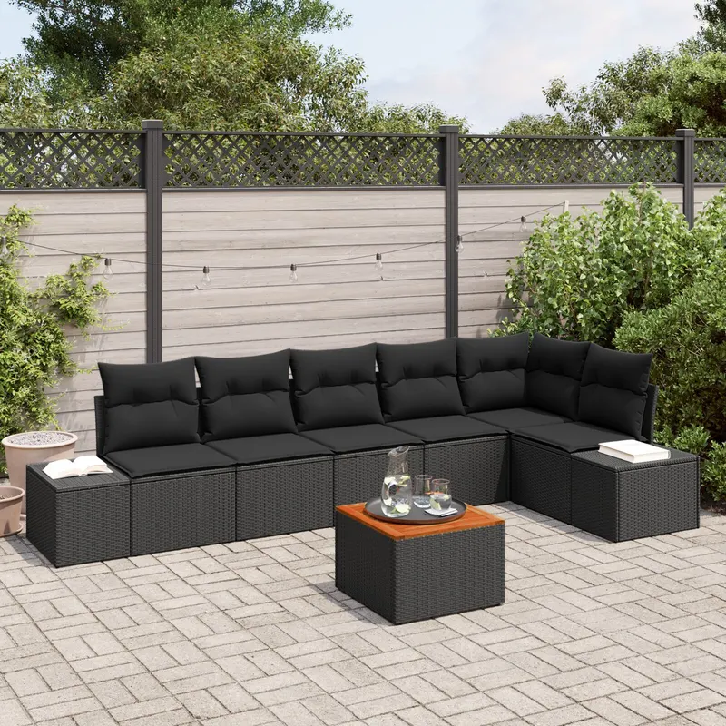set de canapea gradina cu 7 piese cu perne negru poliratan acacia