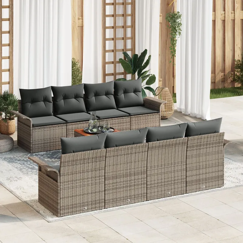 set canapea gradina cu 9 piese cu perne gri poliratan acacia