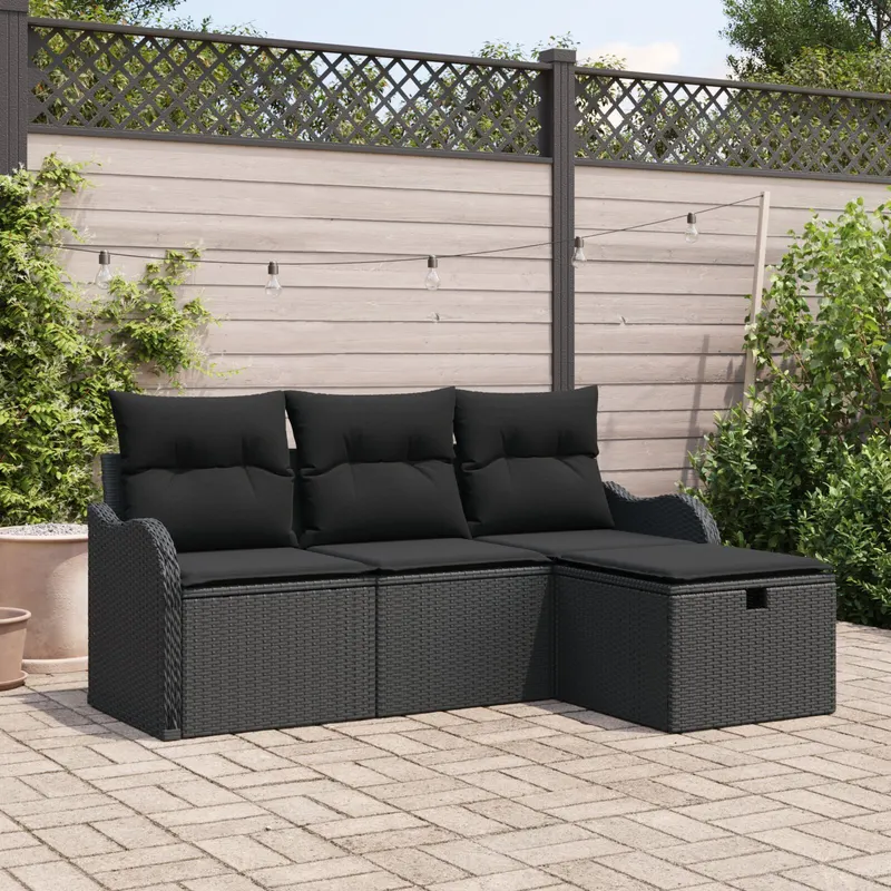 set de canapea de gradina cu 4 piese si perne negru ratan poli, canapea de gradina cu 2 locuri cu spatiu de stocare & perne negru ratan poli
