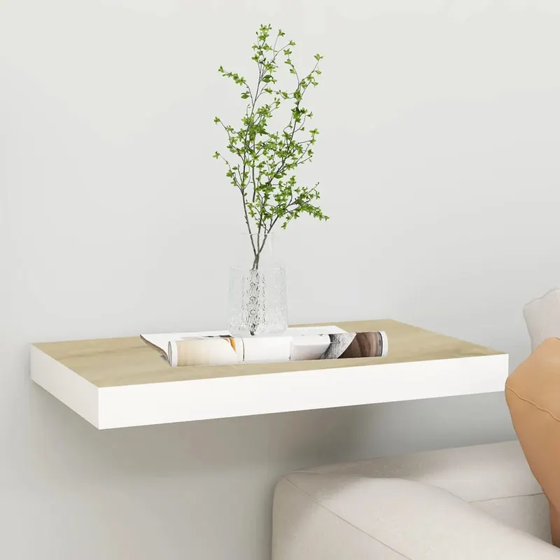 raft de perete suspendat, alb si stejar, 40x23x3,8 cm, mdf