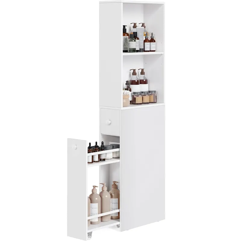 Dulap depozitare baie ingust sertare raft reglabil pal, 40x18x134 cm, design compact, alb
