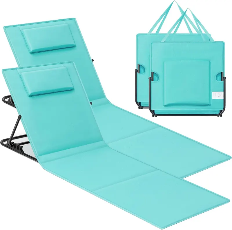 Set 2 sezlonguri plaja pliabile, spatar reglabil 4 pozitii, perna si buzunar incluse, otel galvanizat, max 150 kg, 158x55 cm, albastru turqoise