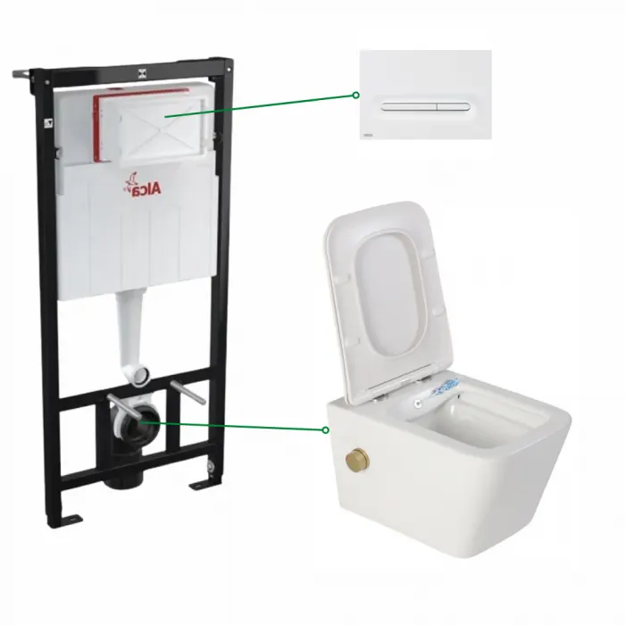 Set vas wc suspendat alb cu functie bideu si baterie auriu mat Safari, rezervor incastrat si clapeta alb mat, Alcadrain