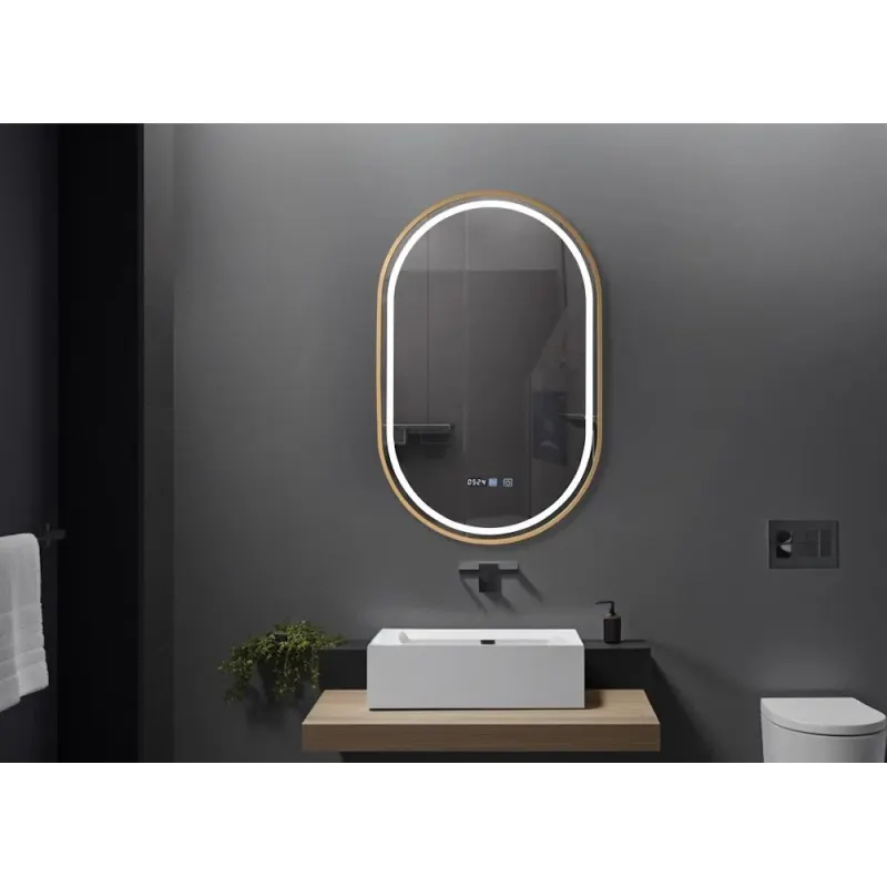 Oglinda baie cu iluminare LED si ceas 50x80 cm, rama aurie, Belform Fortuna