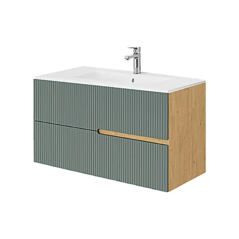 Mobilier lavoar pe blat Fluminia Malta, finisaj riflat, 100cm, 2 sertare soft close, salvia
