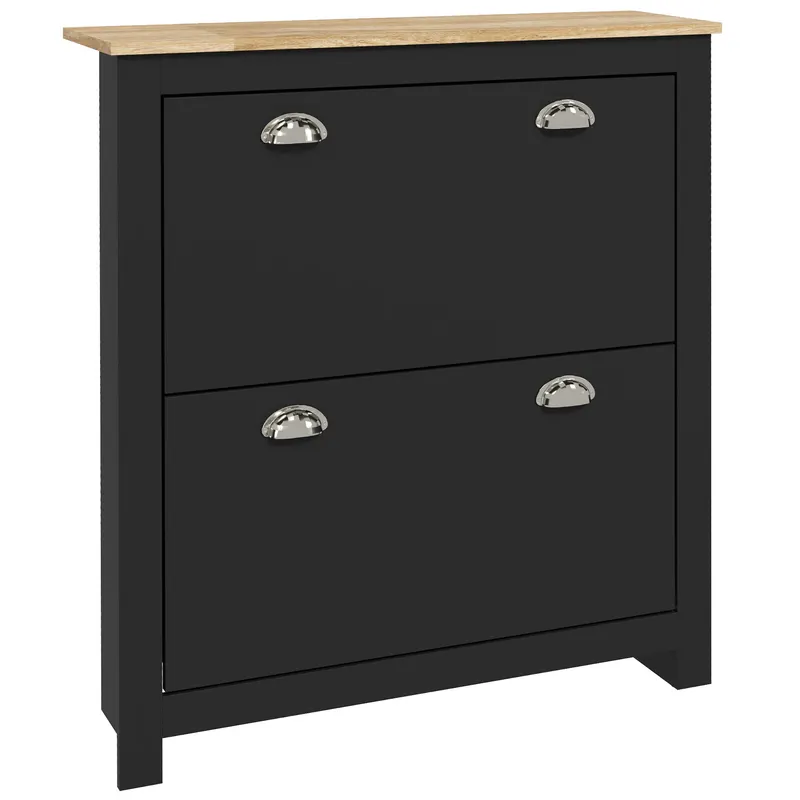 HOMCOM Dulap pantofi 2 uși rabatabile 2 compartimente mânere cochilie metal 79 x 23 x 90,5 cm negru stejar