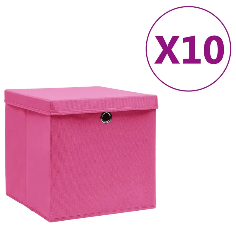 cutii depozitare cu capace, 10 buc., roz, 28x28x28 cm