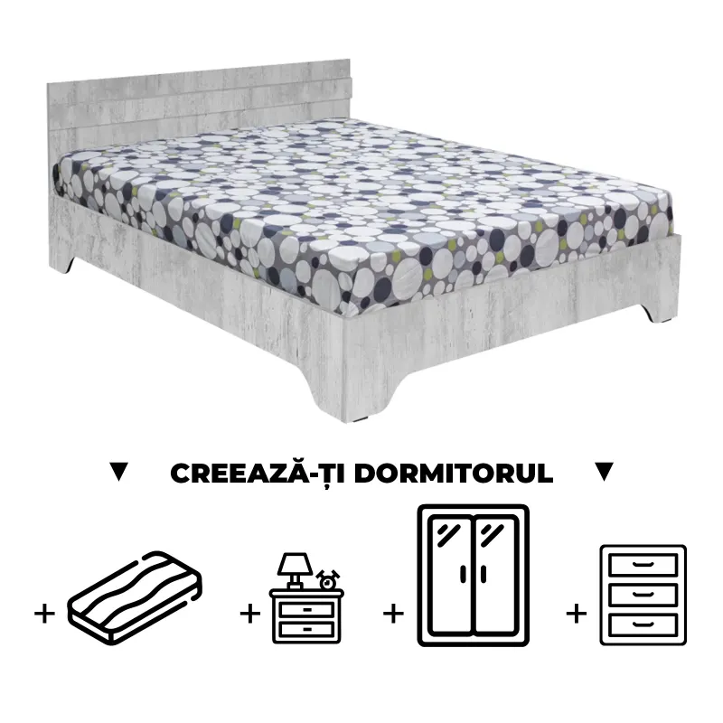 Creeaza-ti Dormitorul ALMA, pin antichizat, de la Pat cu picioare Alma 160x200 cm, adauga Saltea, Noptiere, Comoda, Dulap