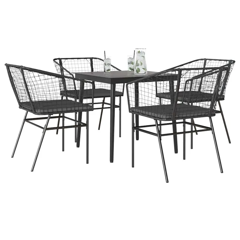 set de sufragerie de gradina 5 piese neagra sticla poly rattan