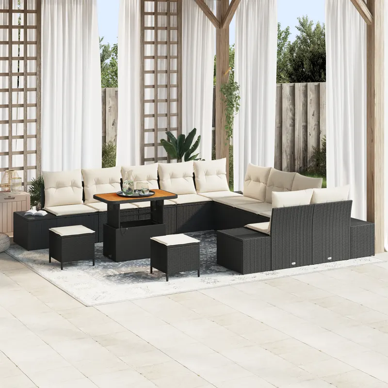 Set de sofa de gradina cu 13 piese si pernite negru poliratan acacia, sofa de gradina cu 2 locuri cu pernite negru poliratan, set de dining pentru gradina cu 3 piese cu pernite negru poliratan acacia