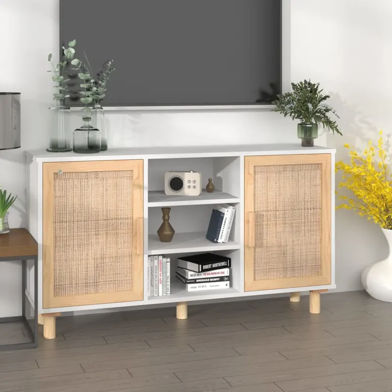 servanta, alb, 105x30x60 cm, lemn masiv pin si ratan natural