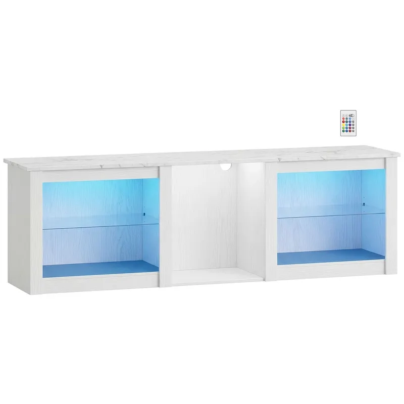 HOMCOM Comodă TV cu iluminare LED pentru televizoare de până la 178 cm, dim. 160 cm, cu etajere din sticlă reglabile, alb