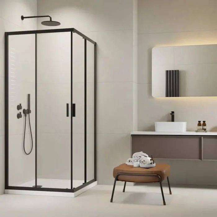 Set cabina de dus patrata neagra Radaway Alienta Black C 90x90 cm, usi culisante, cadita Rodos C Compact si sifon