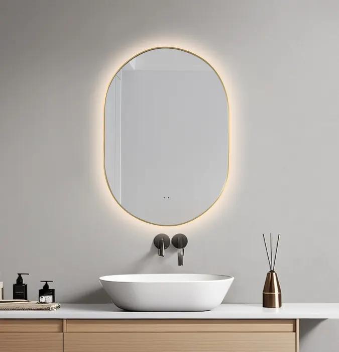 Oglinda baie 60x85 cm, reversibila, cu iluminare LED, rama slim aurie si senzor miscare, Belform Fortuna