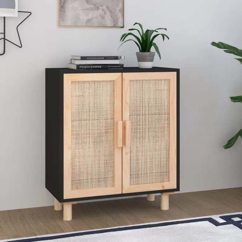 servanta, negru, 60x30x70 cm, lemn masiv pin si ratan natural