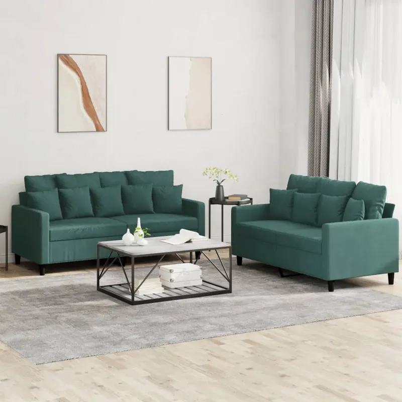 set de canapele cu perne, 2 piese, verde inchis, catifea
