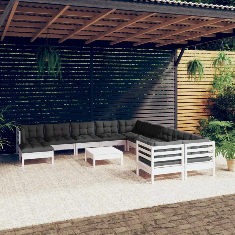 set mobilier gradina cu perne, 12 piese, alb, lemn de pin