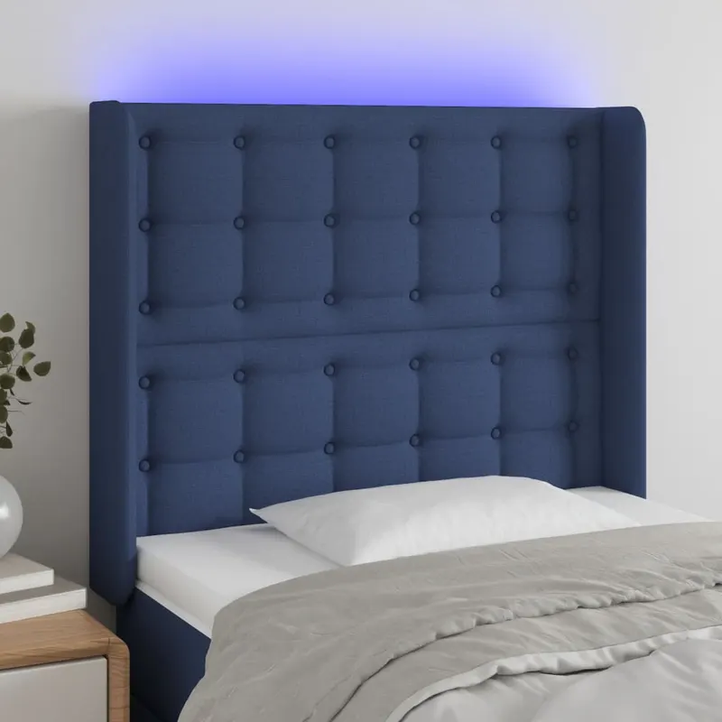tablie de pat cu led, albastru, 93x16x118/128 cm, textil