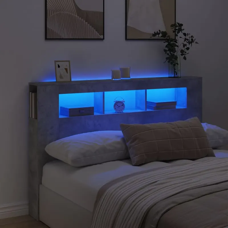 tablie de pat cu led, gri beton, 160x18,5x103,5 cm, lemn
