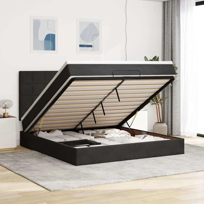 cadru de pat otoman cu saltele, catifea neagra 180x200cm