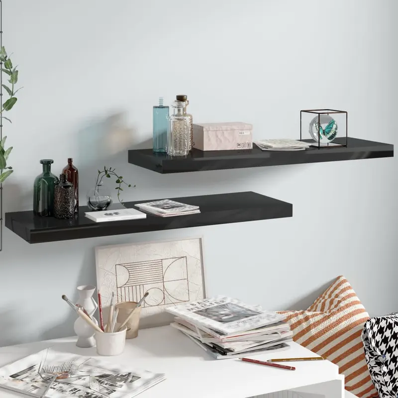 rafturi de perete 2 buc., negru extralucios, 80x23,5x3,8 cm mdf