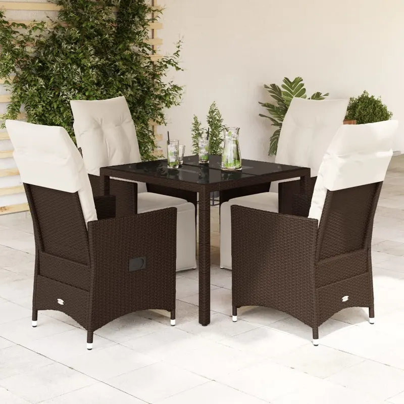 set bistro de gradina, 5 piese, cu perne, maro, poliratan