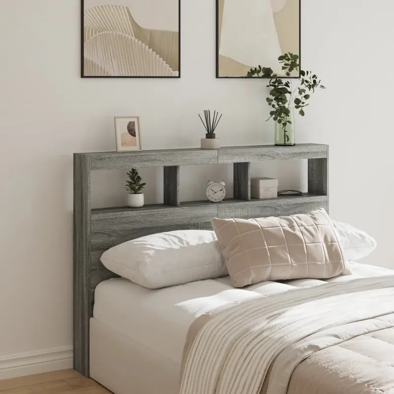 tablie de pat cu dulap si led, gri sonoma, 140x17x102 cm