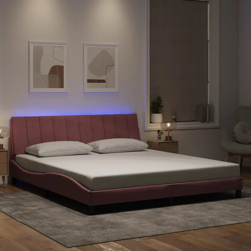 cadru de pat cu lumini led, roz, 180x200 cm, catifea