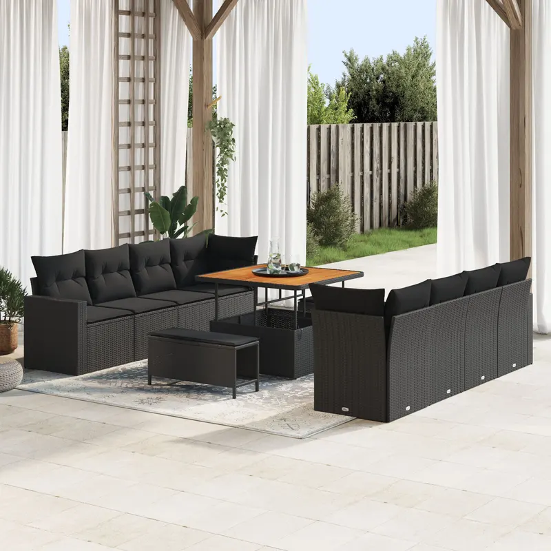 Set canapea gradina cu 11 piese si perne ratan polimer negru, set masa si canapea gradina cu 3 piese ratan polimer negru