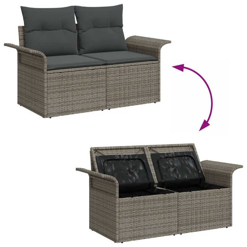 Set de 6 piese pentru gradina cu perne ratan gri, sofa pentru gradina cu 2 locuri cu spatiu de stocare & perne ratan gri