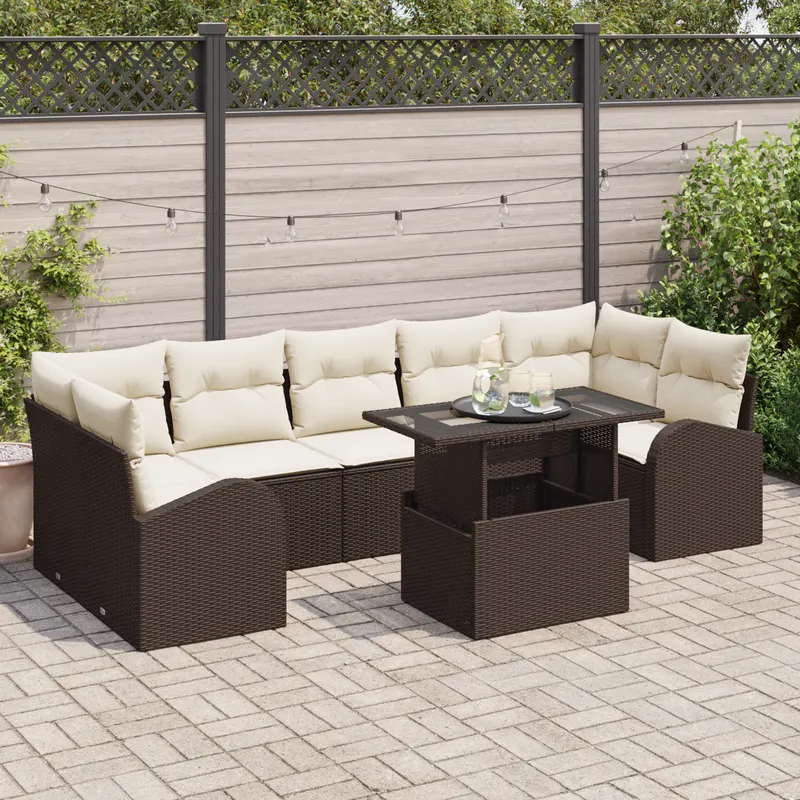 Set canapea gradina 8 piese cu perne maro din ratan poli, canapea gradina pentru 2 persoane cu spatiu stocare & perne maro din ratan poli
