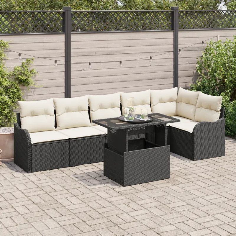 Set de canapea gradina cu 7 piese si perna neagra din poliratan, canapea gradina cu 2 locuri si depozitare & perna neagra din poliratan