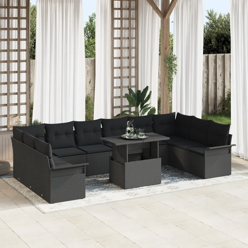 set de canapea pentru gradina de 11 piese cu perne, ratan negru