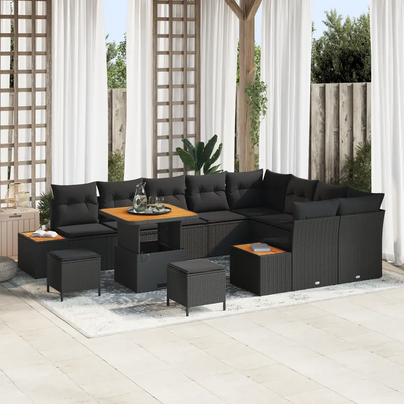 Set canapele gradina 12 piese cu pernute negru ratan poli acacia, canapea gradina 2 locuri cu spatiu depozitare si pernute negru ratan poli, set dining gradina 3 piese cu pernute negru ratan poli acacia