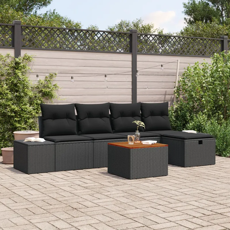 set canapea gradina de 6 piese cu perne poliratan negru