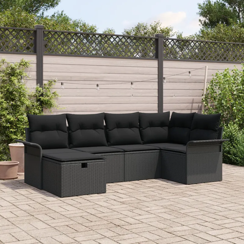 set de 6 piese de canapea de gradina cu perne negru din poliratan
