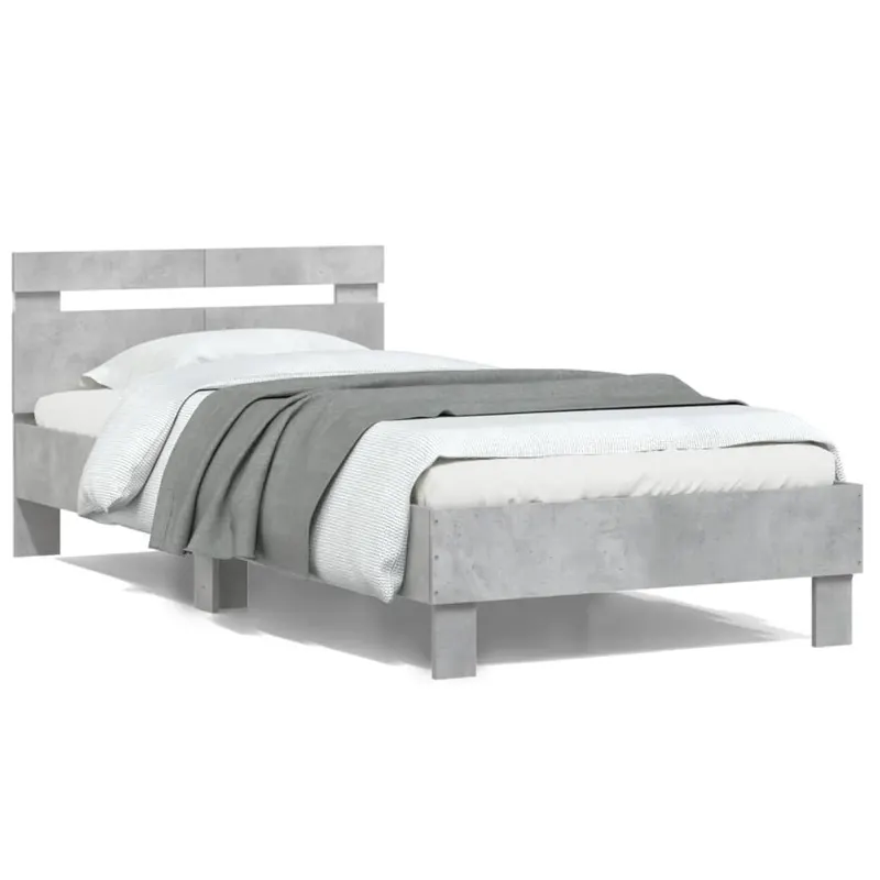 cadru de pat cu tablie si lumini led, gri beton, 100x200 cm