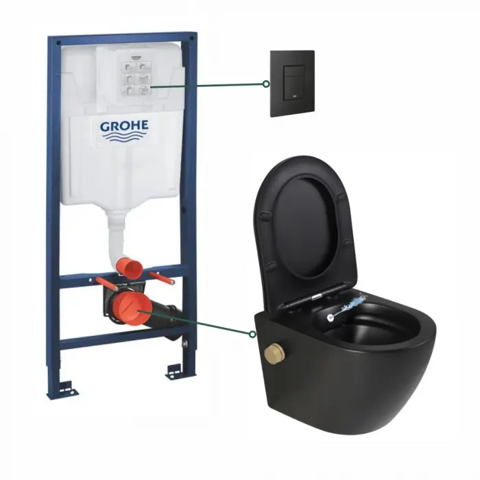 Set vas wc suspendat cu functie bideu si baterie inclusa auriu mat Oslo, rezervor incastrat Grohe Solido 3 in 1