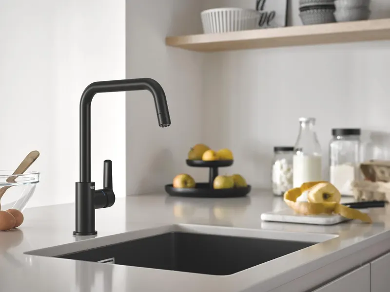 Baterie bucatarie Grohe 1012422430, Start, tip comanda monocomanda, forma pipa tip c, marime inalta, negru