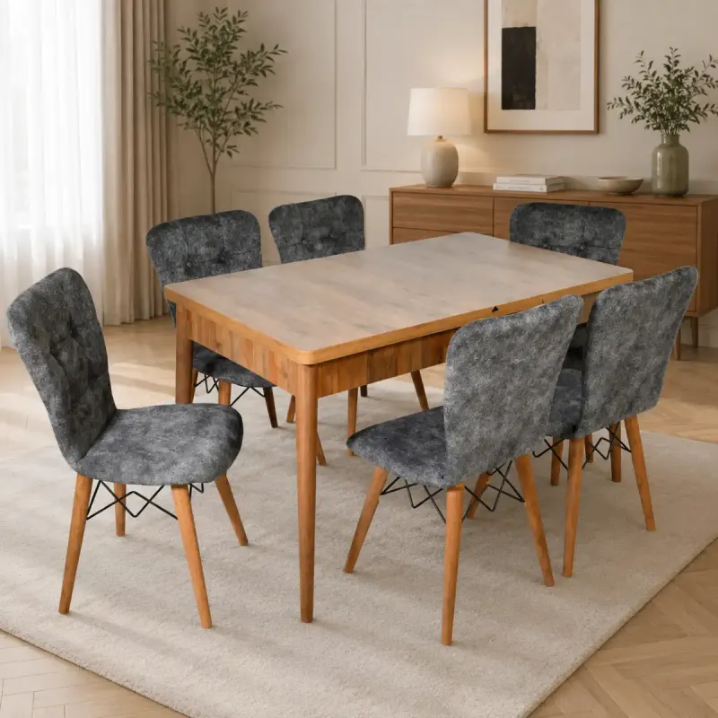 Set masa extensibila cu 6 scaune tapitate nuc-gri 170 x 80 cm