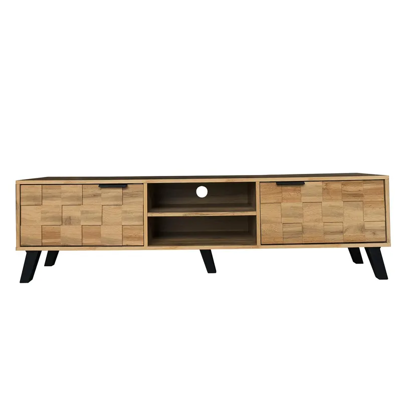 Comodă TV modernă cu 2 uși și 2 rafturi deschise, spațiu de depozitare generos, 160,5x35,5x45 cm, Culoare naturală